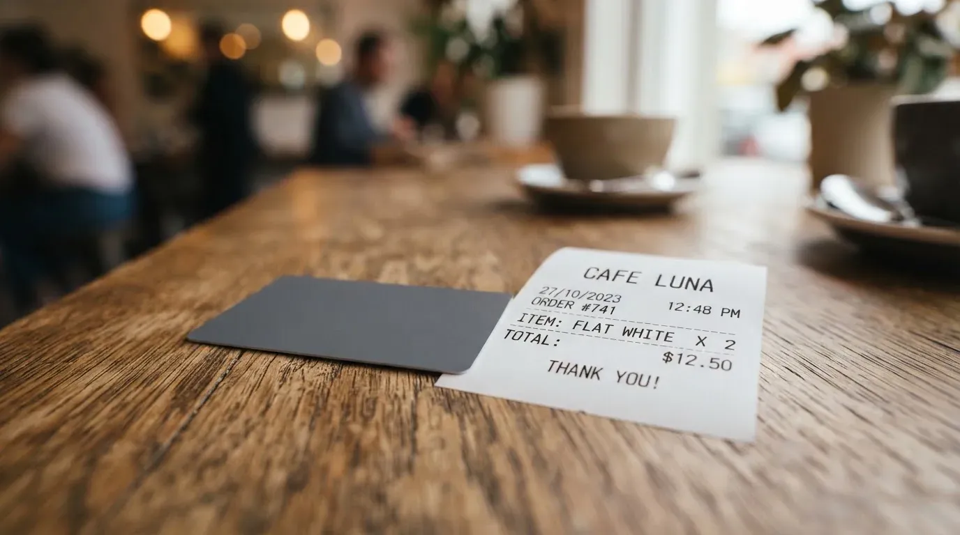 A receipt and a card on a café table