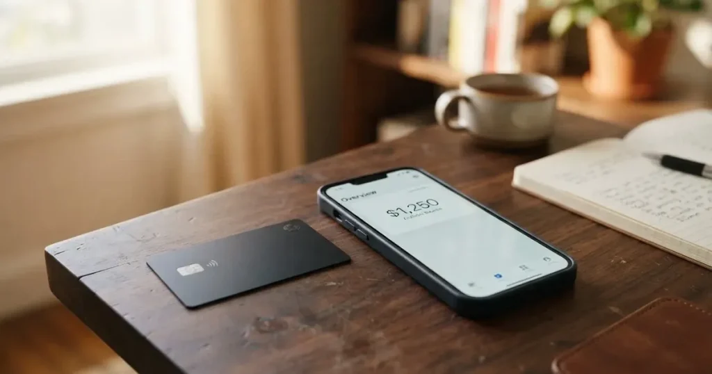 A payment card next to a phone with a crypto wallet app open