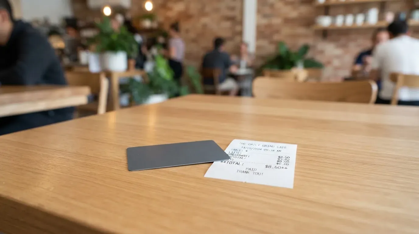 A receipt and a card on a café table