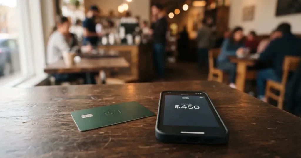 A payment card next to a phone with a crypto wallet app open