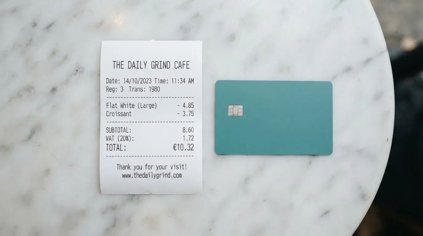 A receipt and a card on a café table