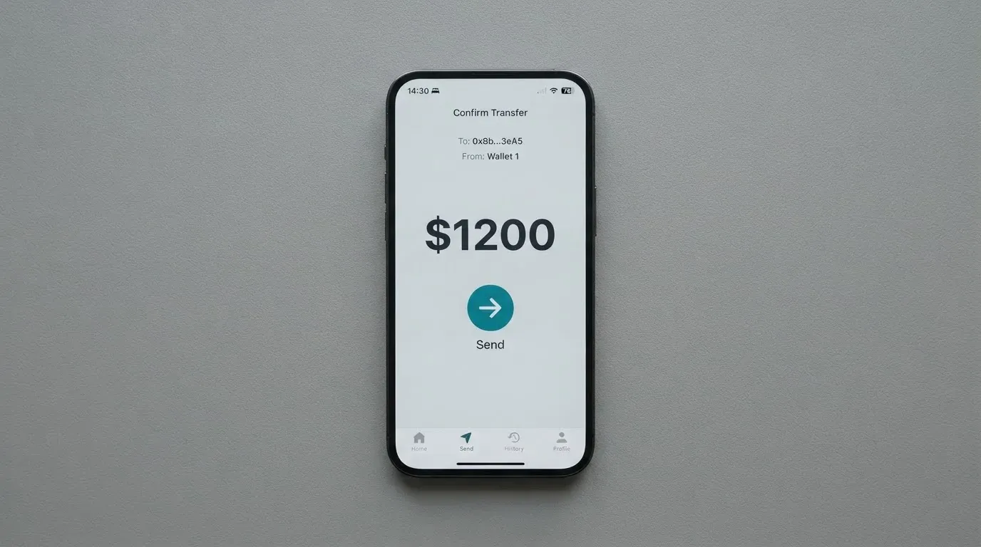 A phone showing a stablecoin transfer screen