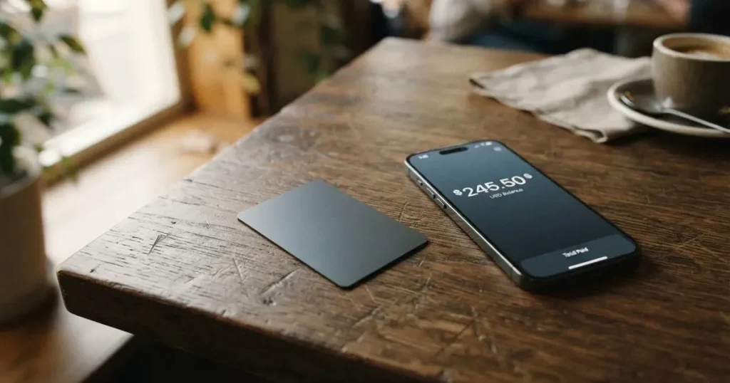 A payment card next to a phone with a crypto wallet app open