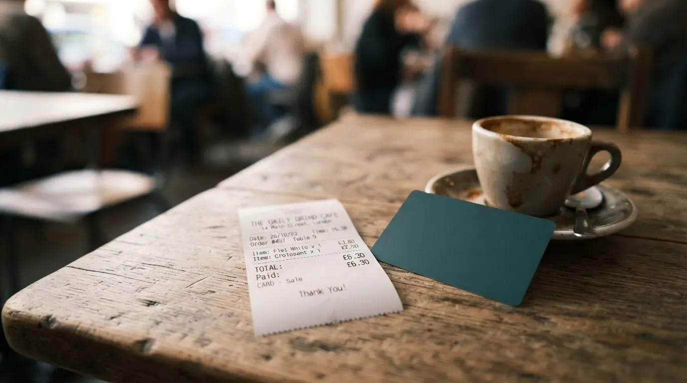 A receipt and a card on a café table