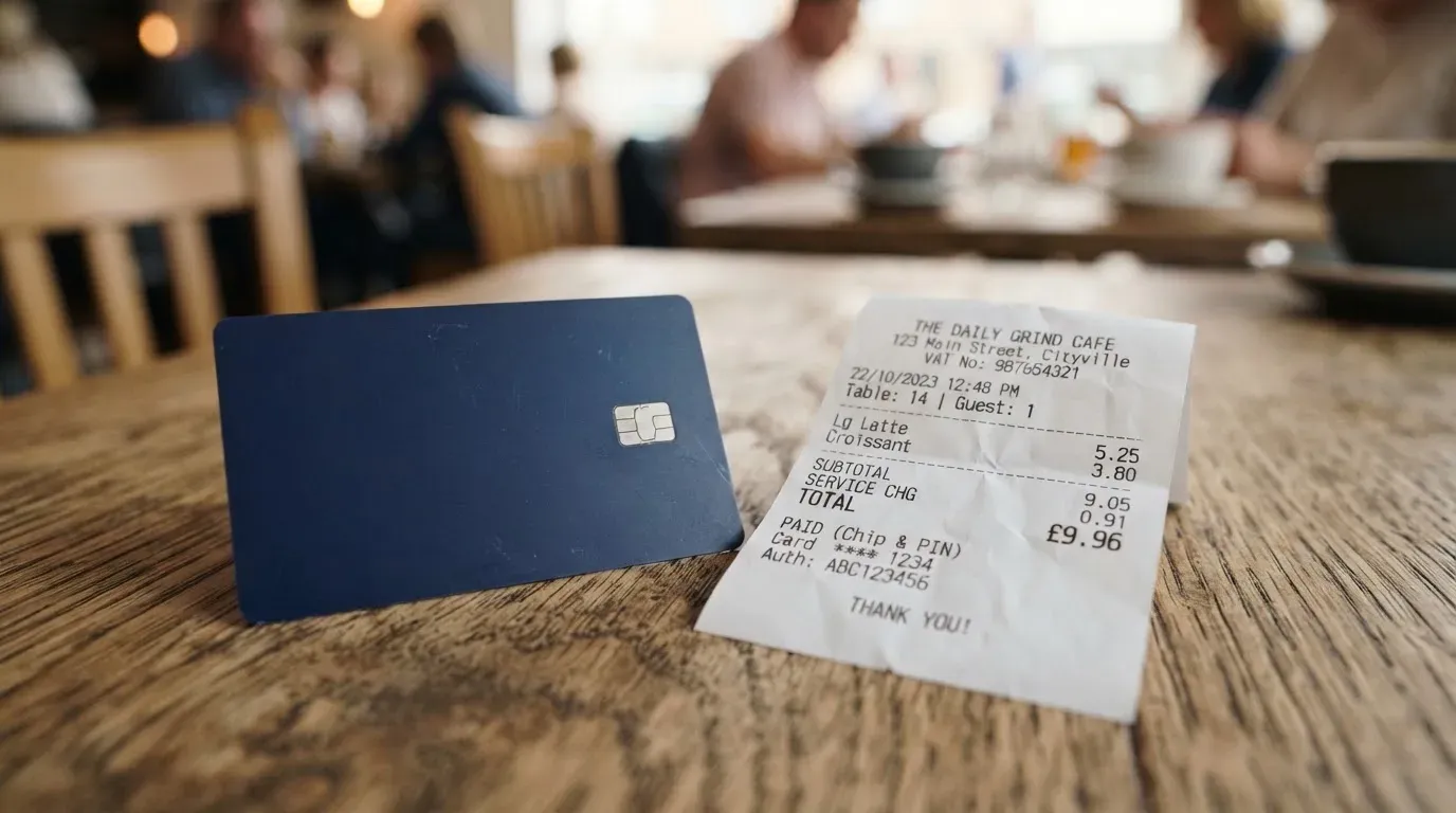 A receipt and a card on a café table