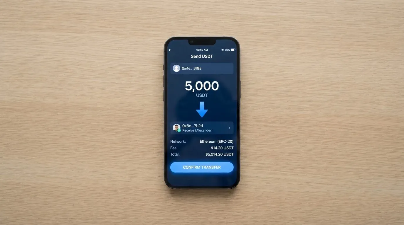 A phone showing a stablecoin transfer screen