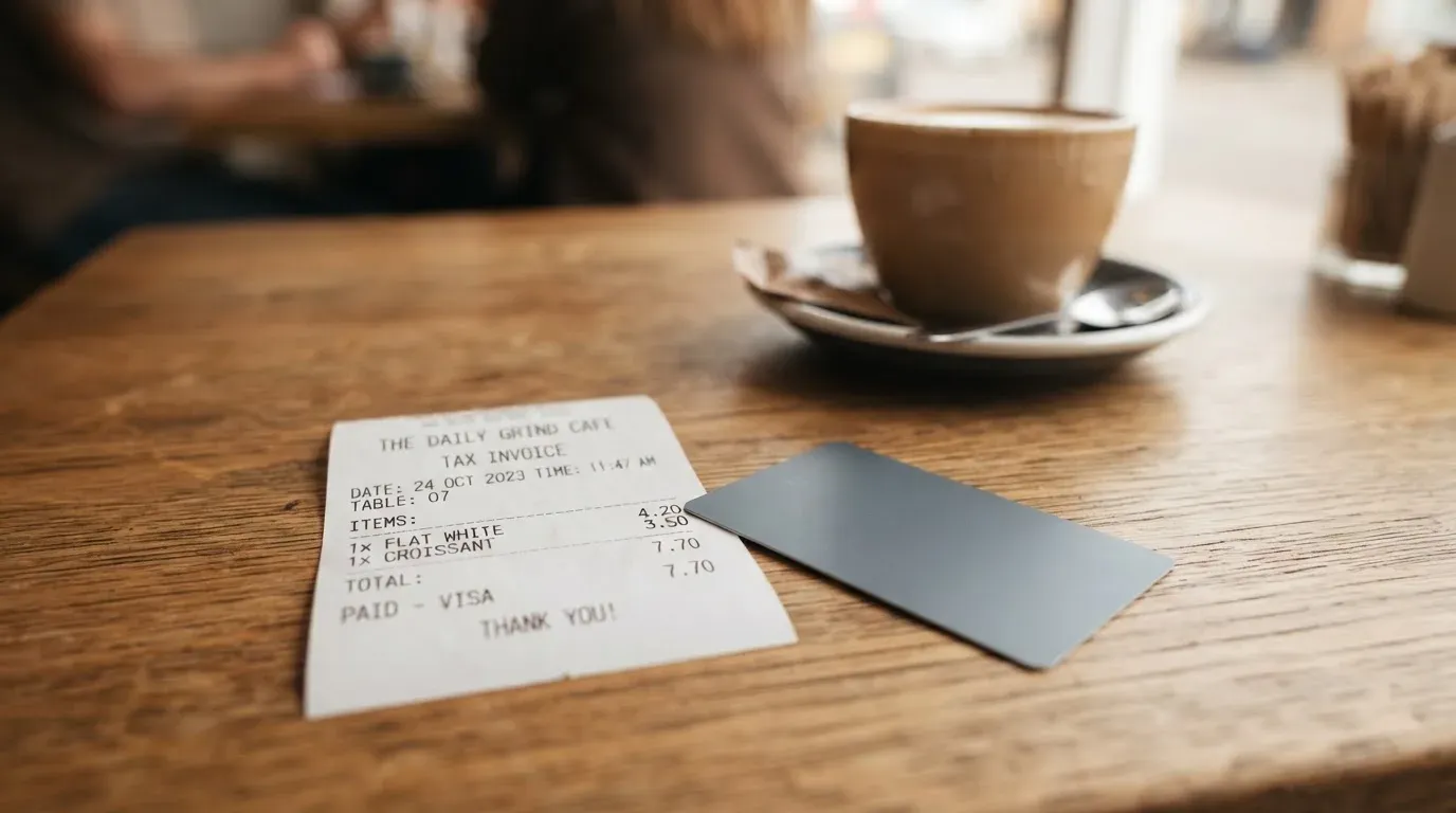 A receipt and a card on a café table