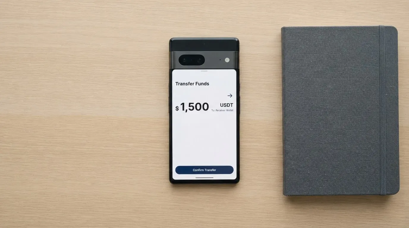 A phone showing a stablecoin transfer screen