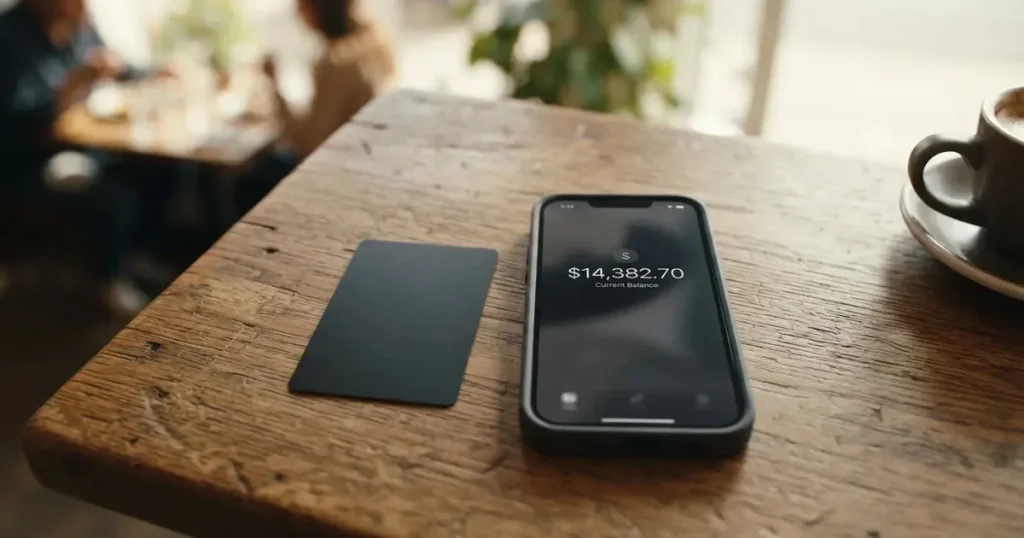 A payment card next to a phone with a crypto wallet app open
