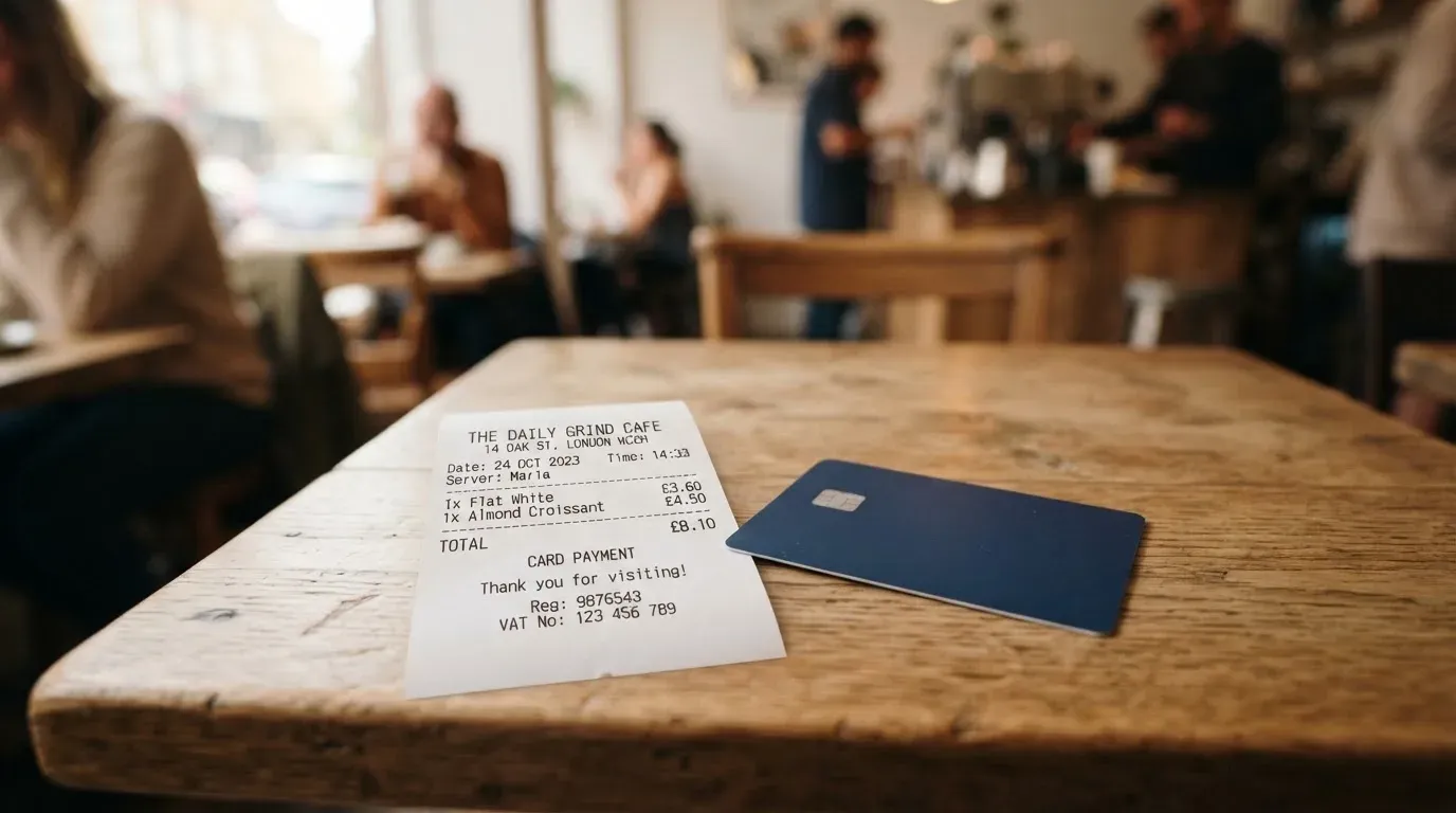 A receipt and a card on a café table