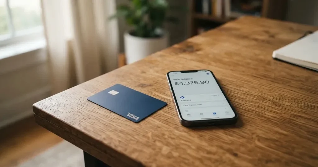 A payment card next to a phone with a crypto wallet app open