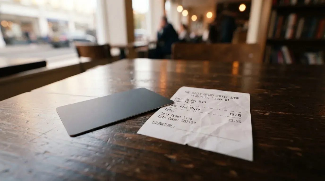 A receipt and a card on a café table