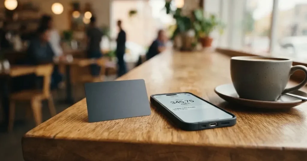 A payment card next to a phone with a crypto wallet app open