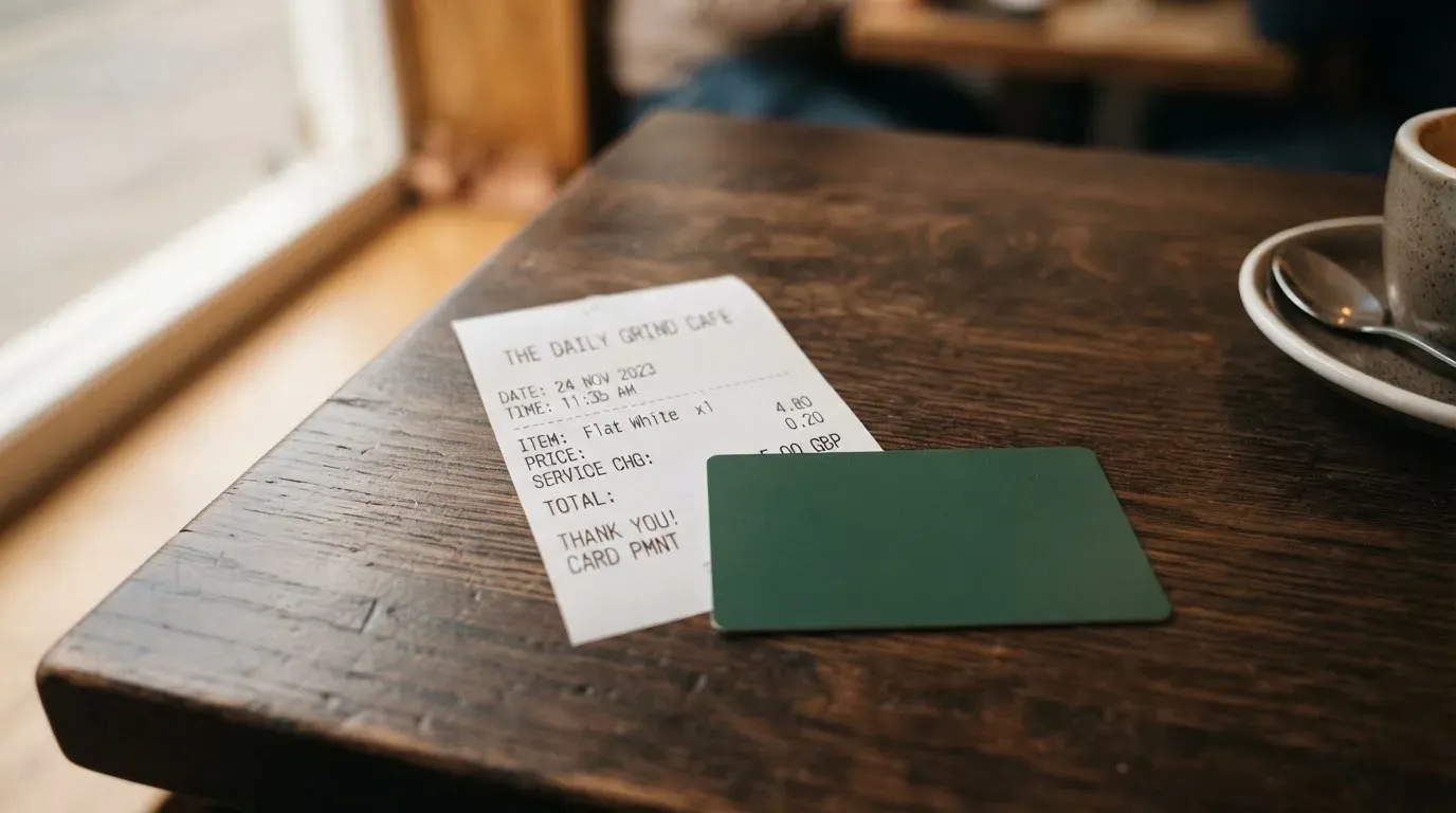 A receipt and a card on a café table
