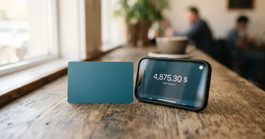 A payment card next to a phone with a crypto wallet app open
