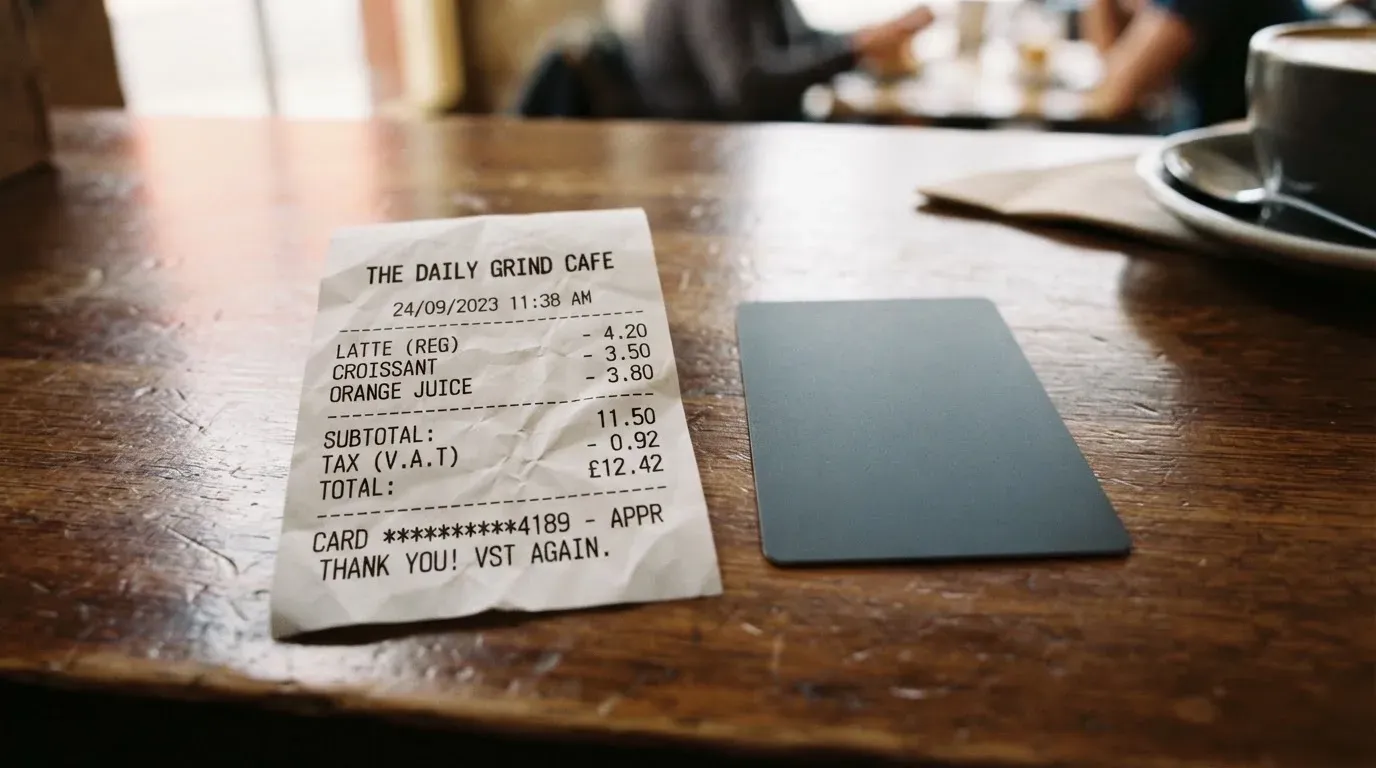 A receipt and a card on a café table