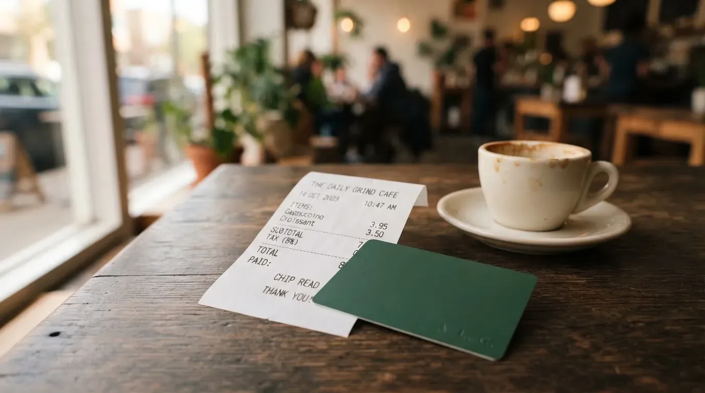 A receipt and a card on a café table