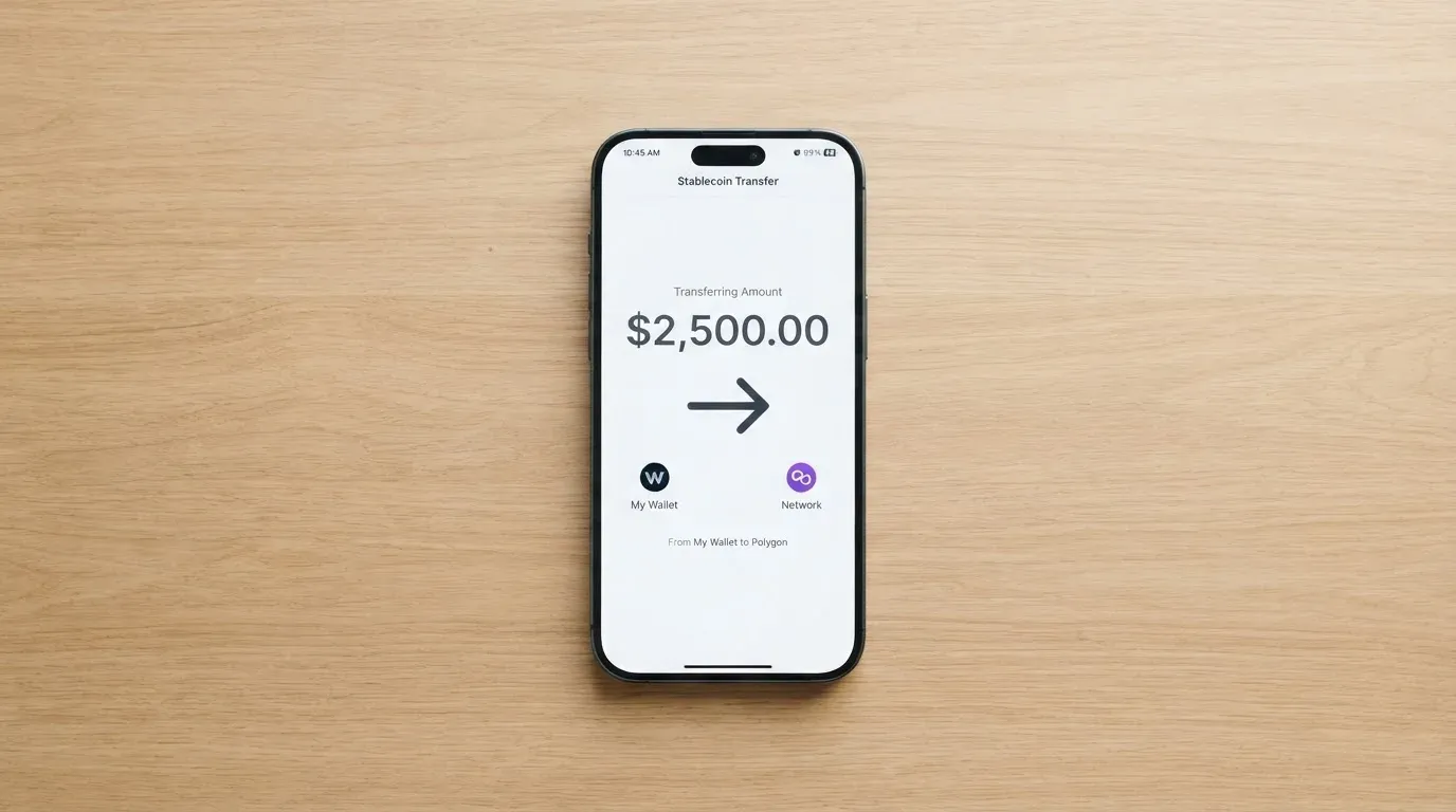A phone showing a stablecoin transfer screen