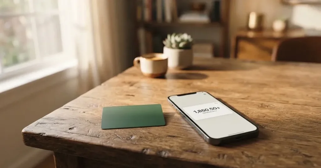 A payment card next to a phone with a crypto wallet app open