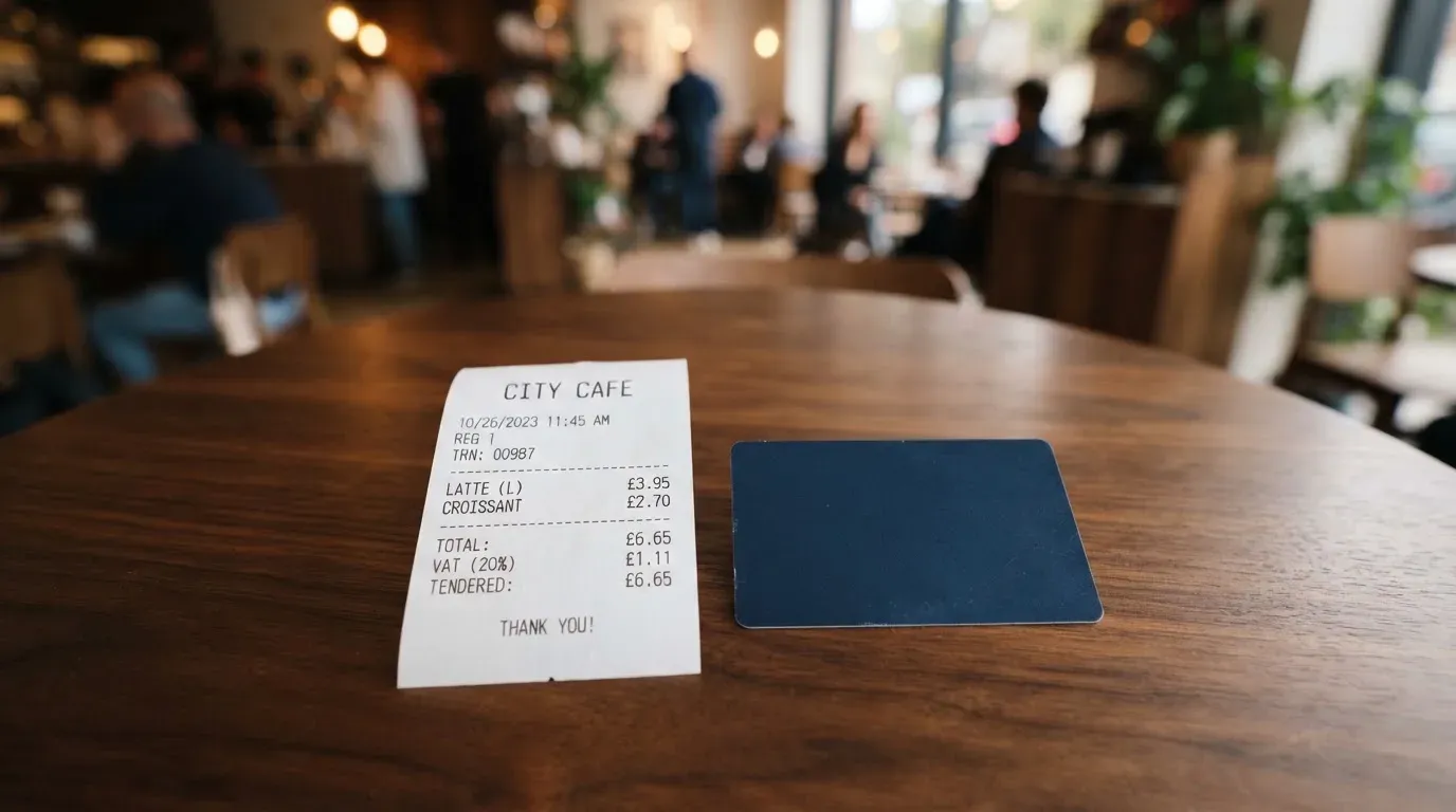 A receipt and a card on a café table