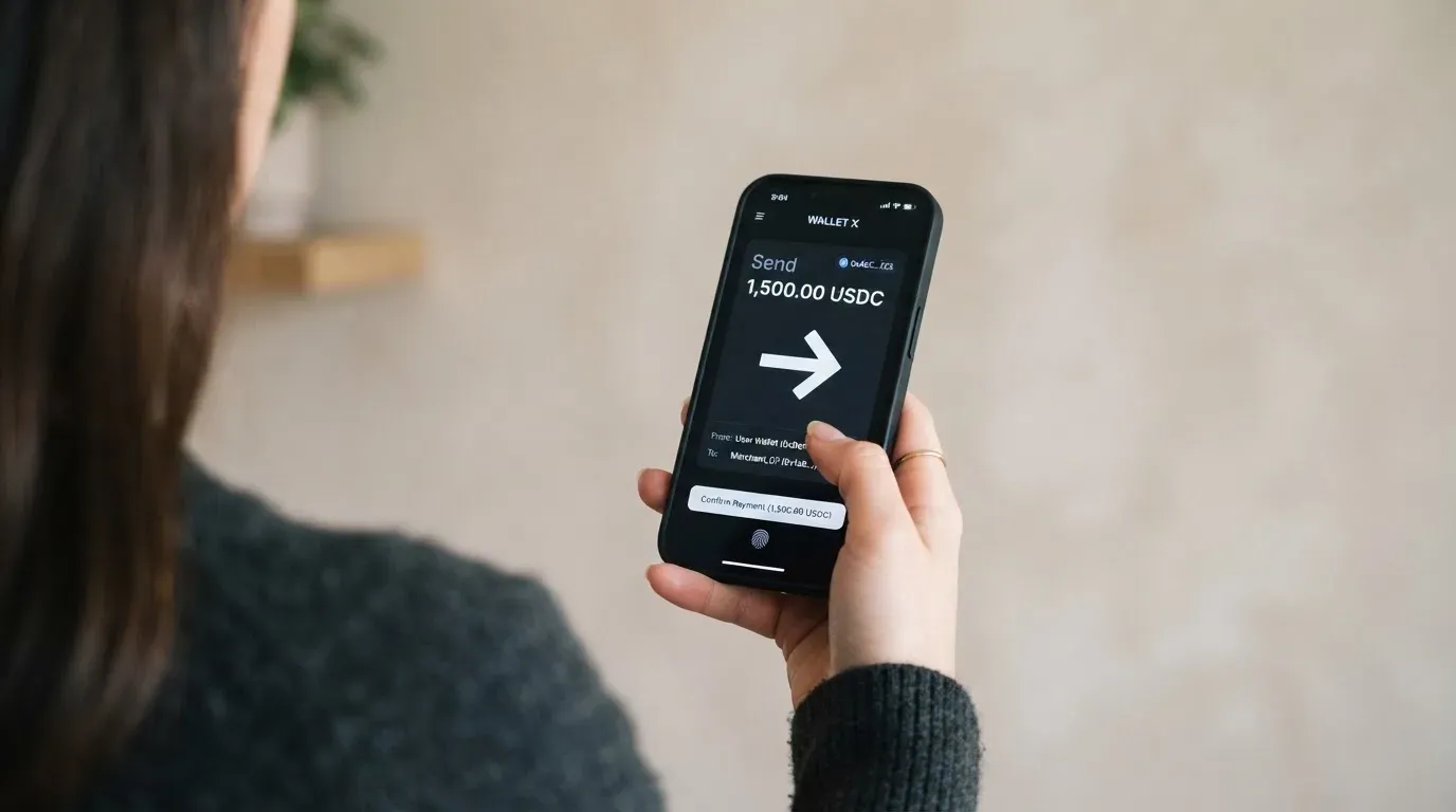 A phone showing a stablecoin transfer screen