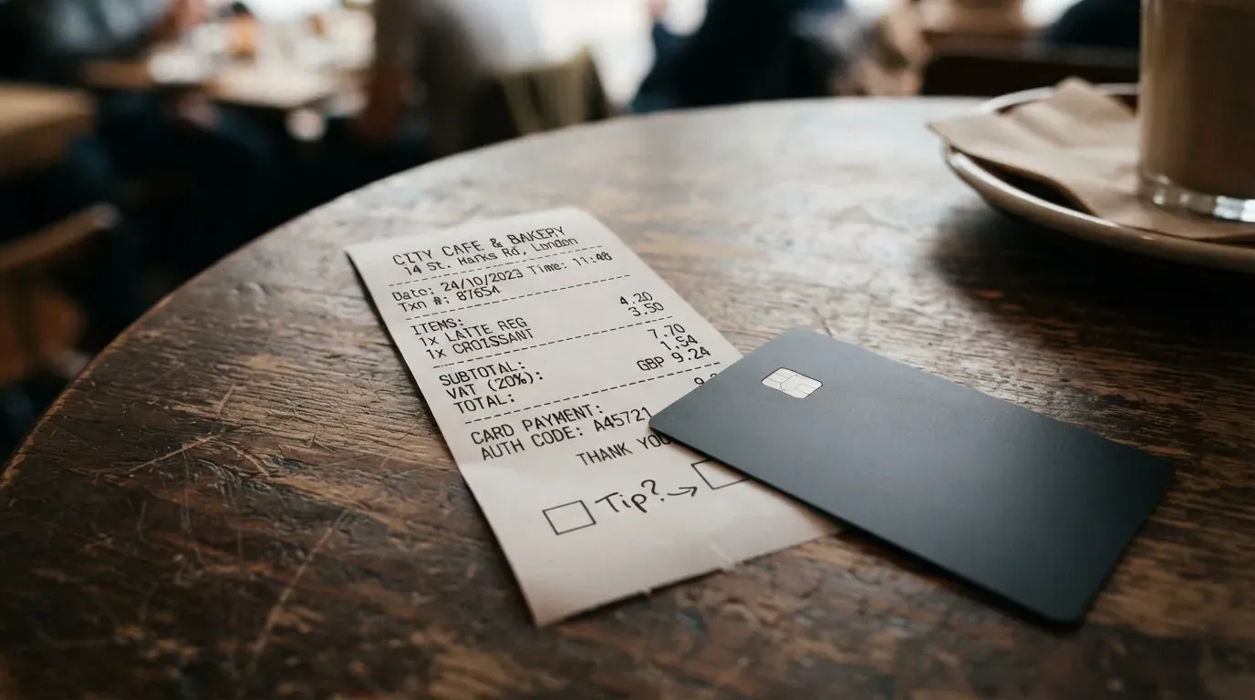 A receipt and a card on a café table
