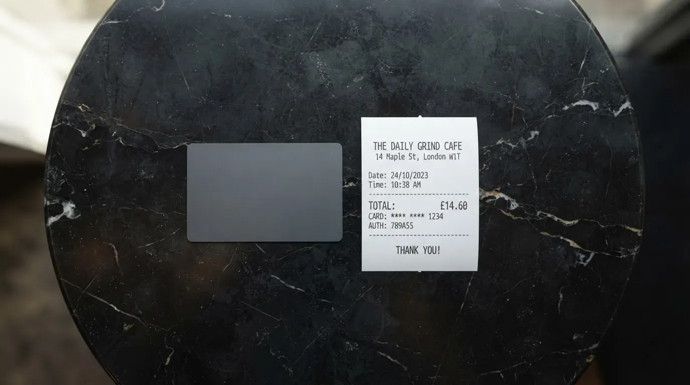 A receipt and a card on a café table