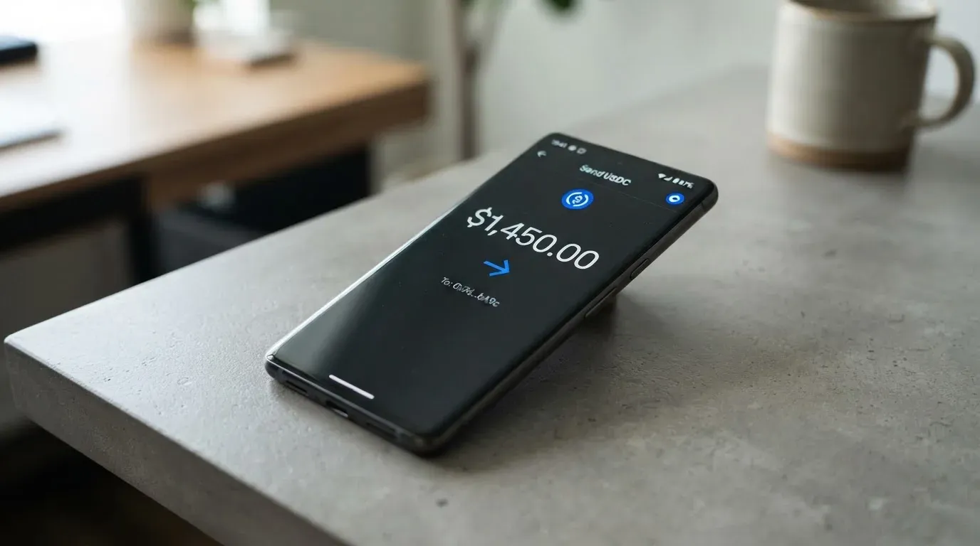 A phone showing a stablecoin transfer screen