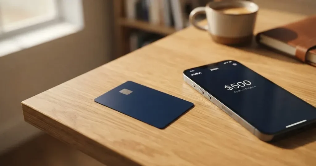A payment card next to a phone with a crypto wallet app open
