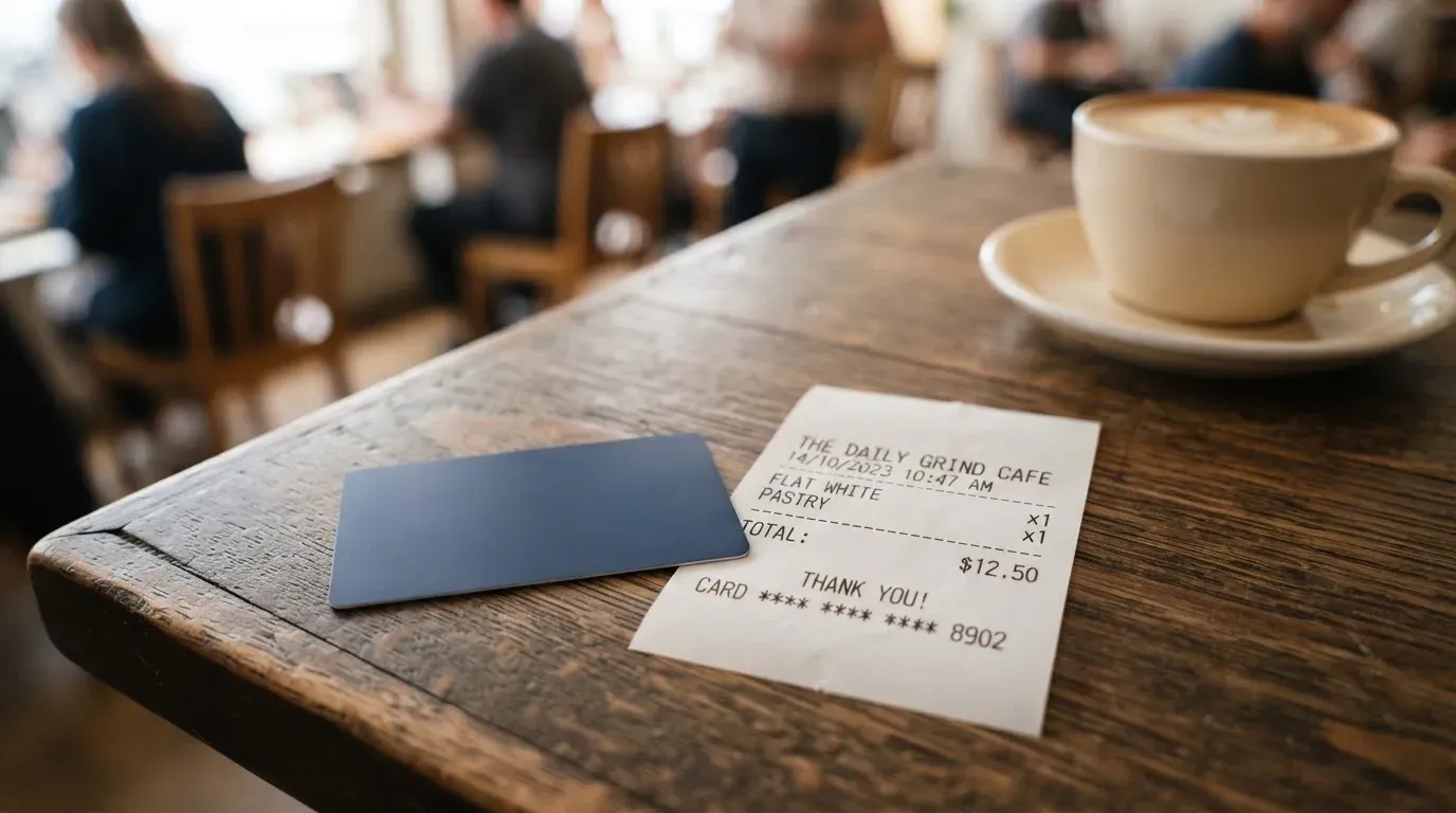 A receipt and a card on a café table