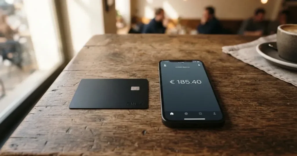 A payment card next to a phone with a crypto wallet app open