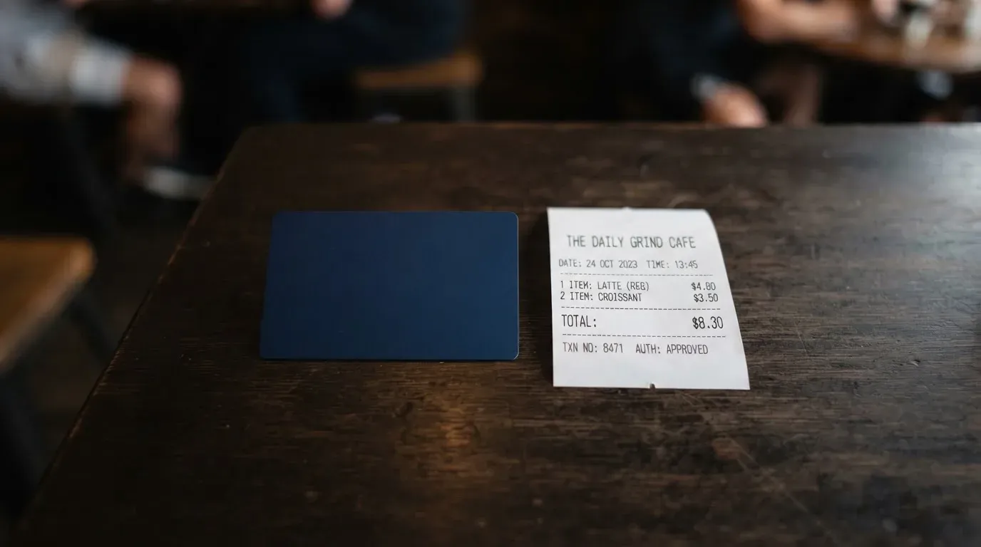 A receipt and a card on a café table