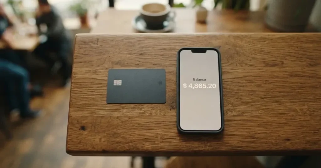 A payment card next to a phone with a crypto wallet app open