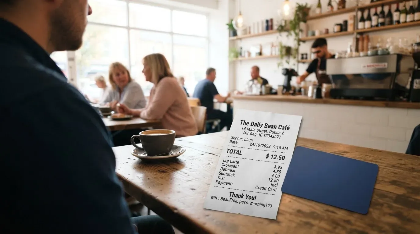 A receipt and a card on a café table