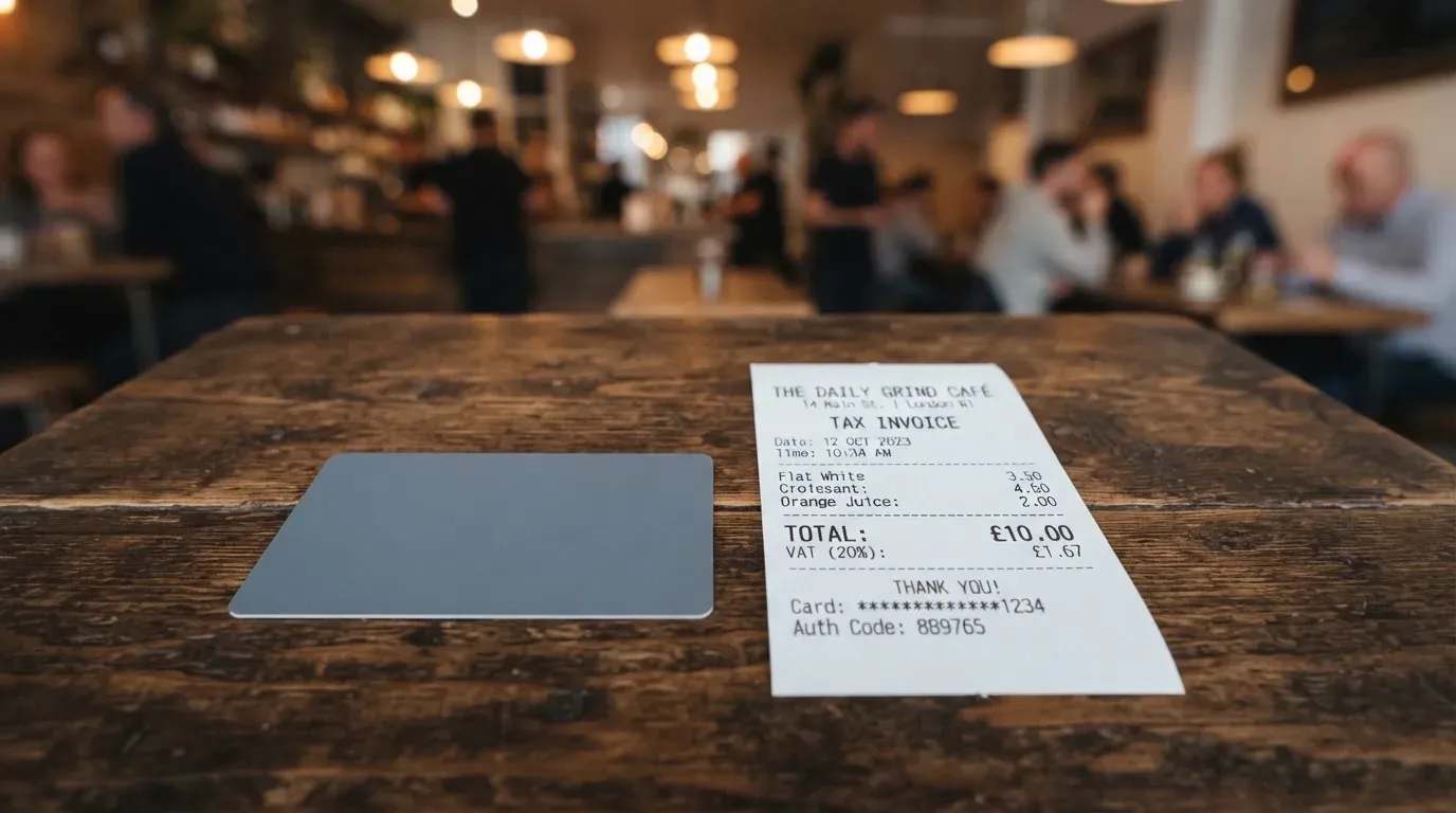 A receipt and a card on a café table