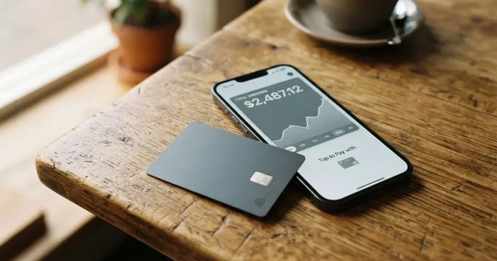 A payment card next to a phone with a crypto wallet app open