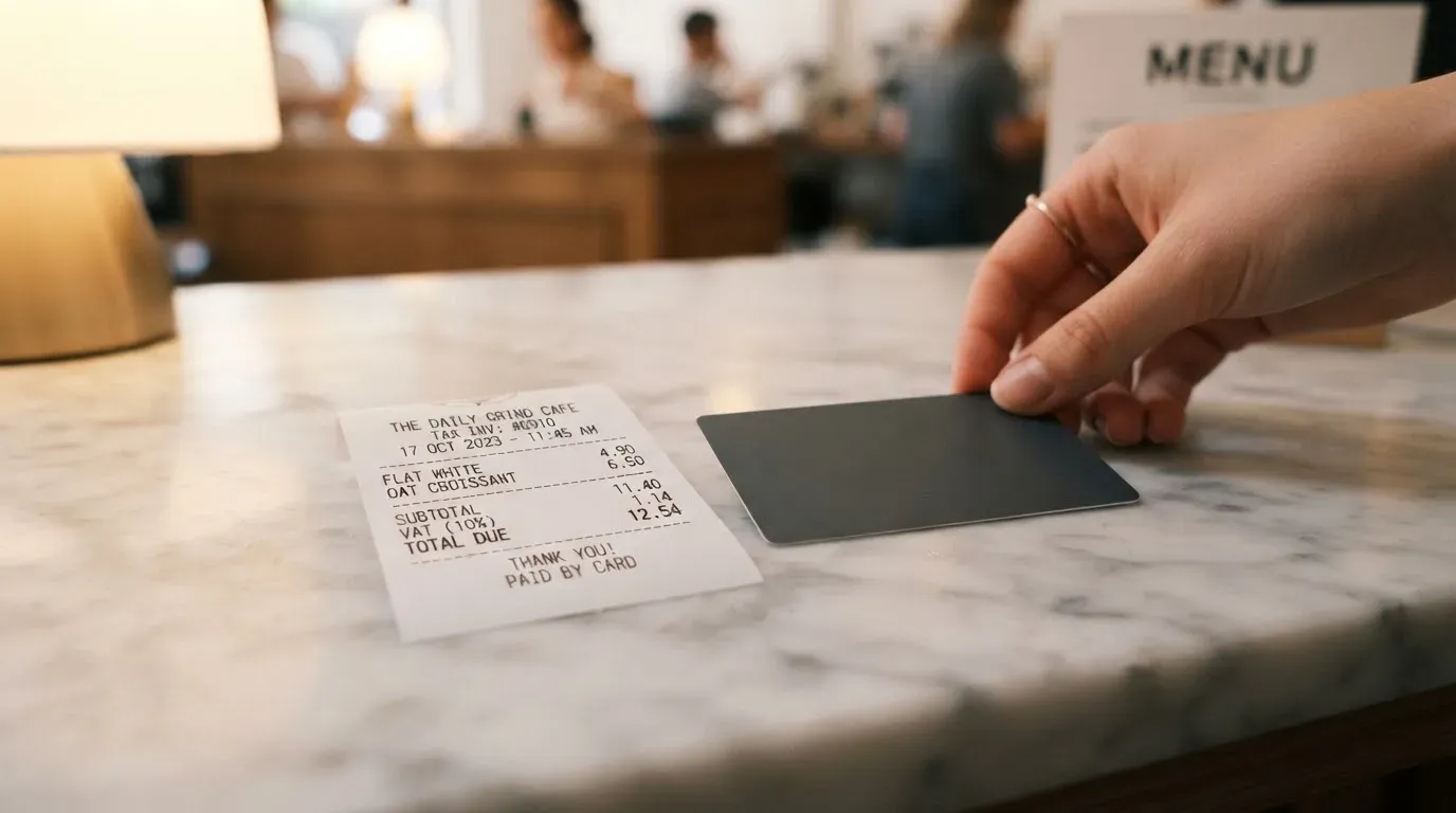 A receipt and a card on a café table