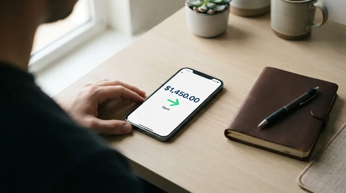 A phone showing a stablecoin transfer screen