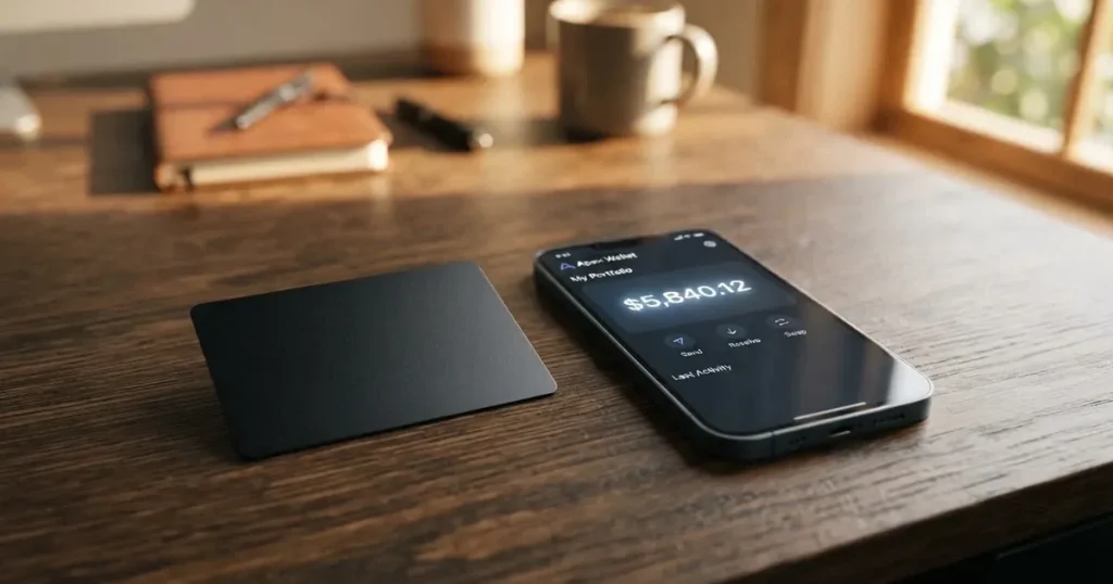 A payment card next to a phone with a crypto wallet app open