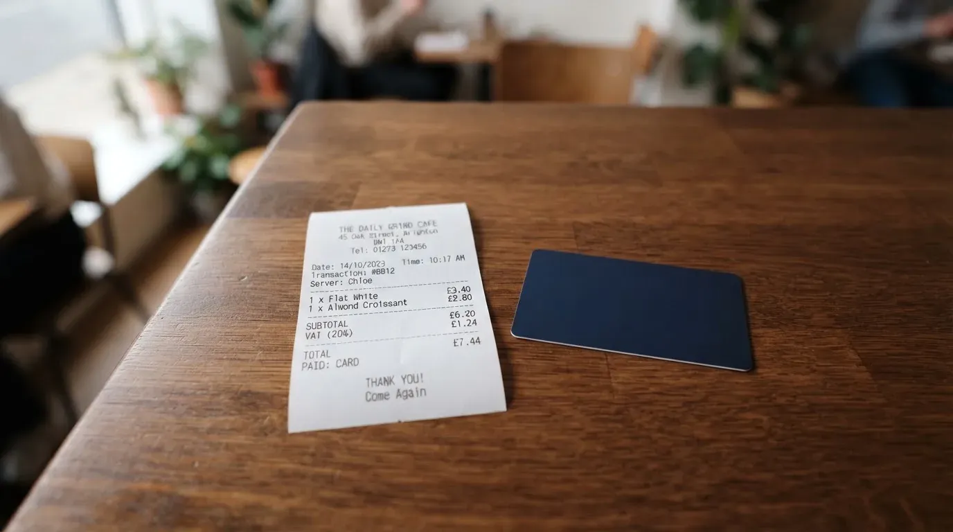 A receipt and a card on a café table