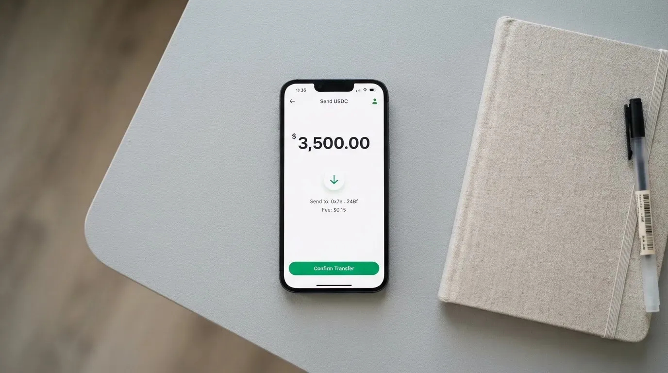 A phone showing a stablecoin transfer screen