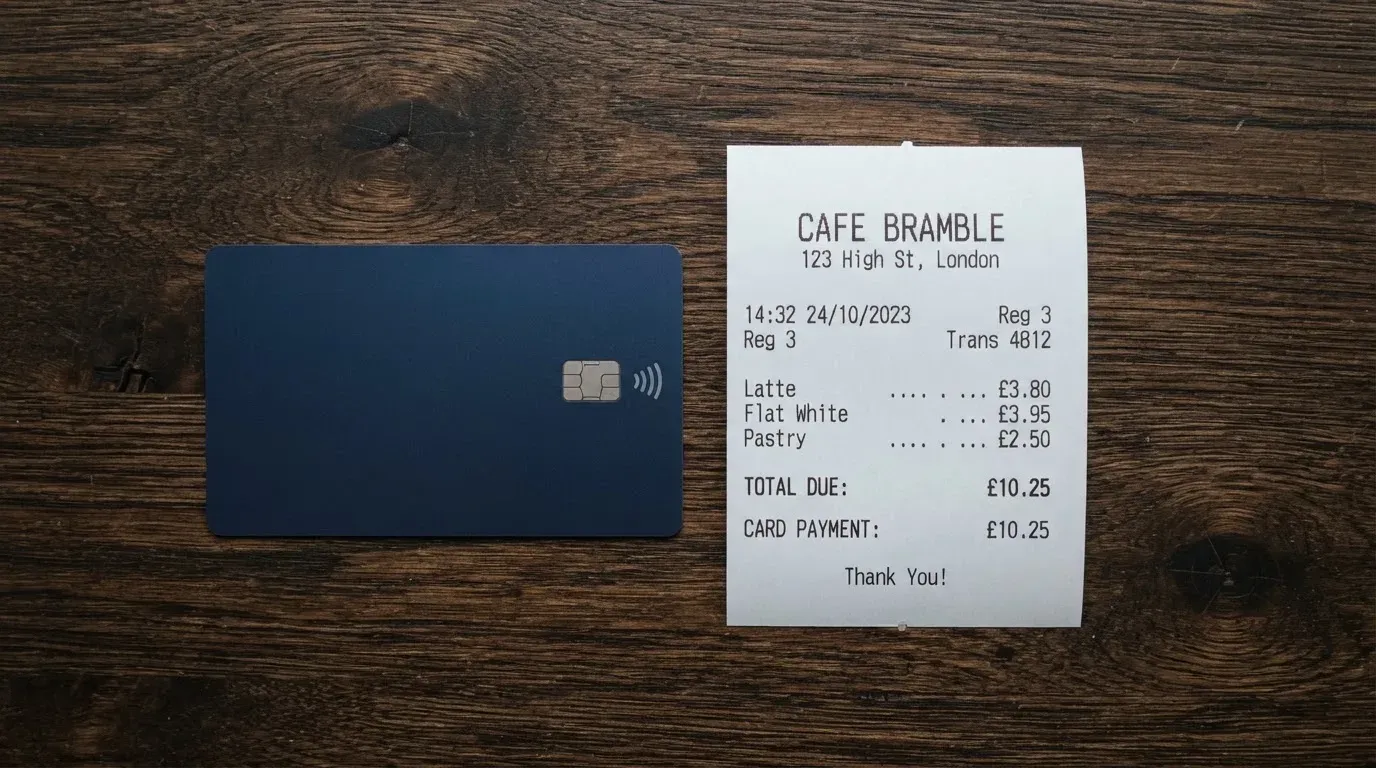 A receipt and a card on a café table