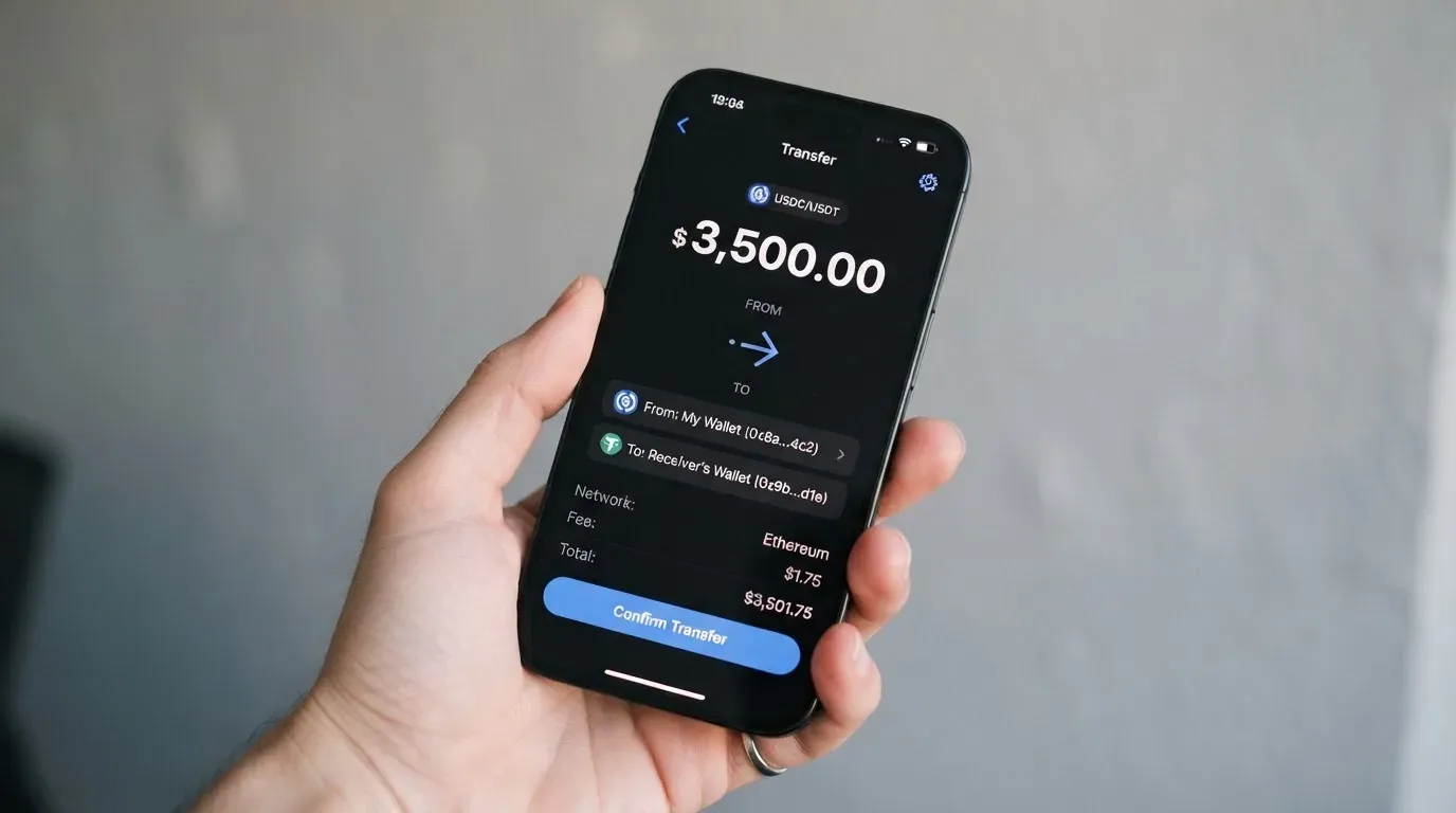 A phone showing a stablecoin transfer screen