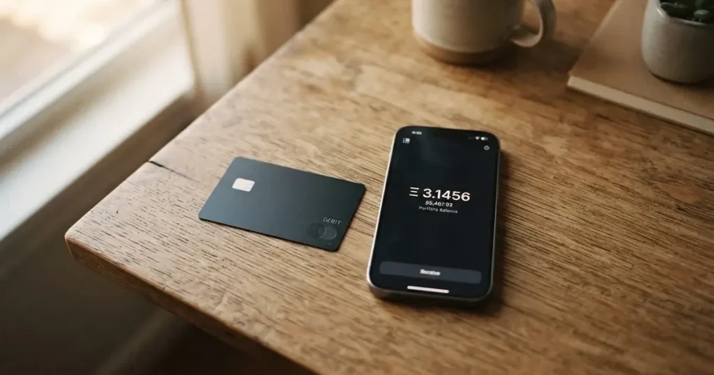 A payment card next to a phone with a crypto wallet app open