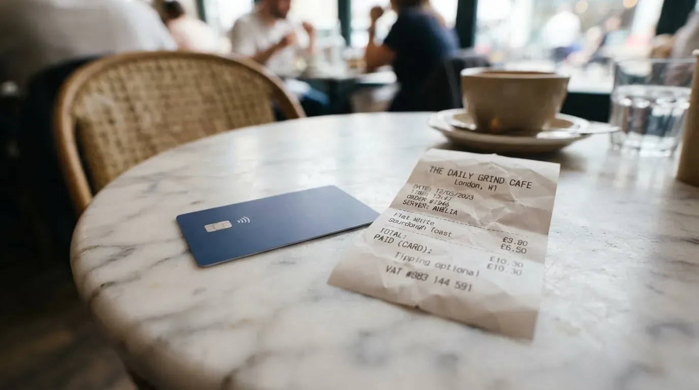 A receipt and a card on a café table