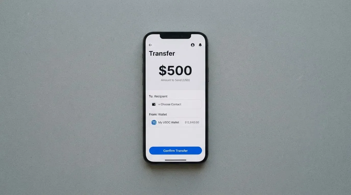 A phone showing a stablecoin transfer screen