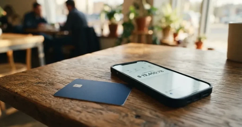 A payment card next to a phone with a crypto wallet app open