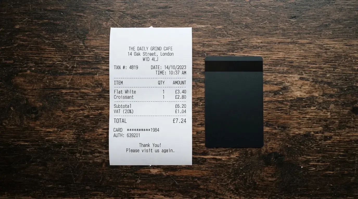 A receipt and a card on a café table