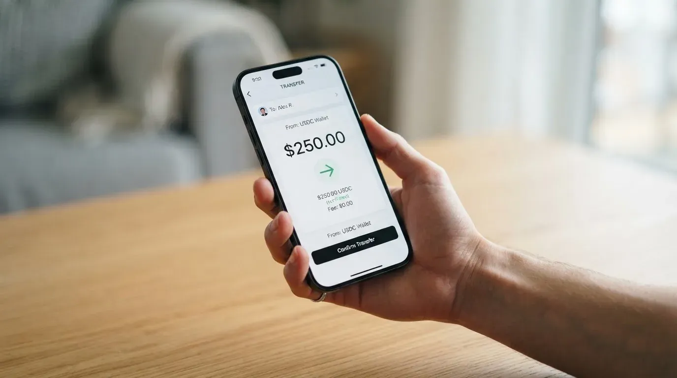 A phone showing a stablecoin transfer screen