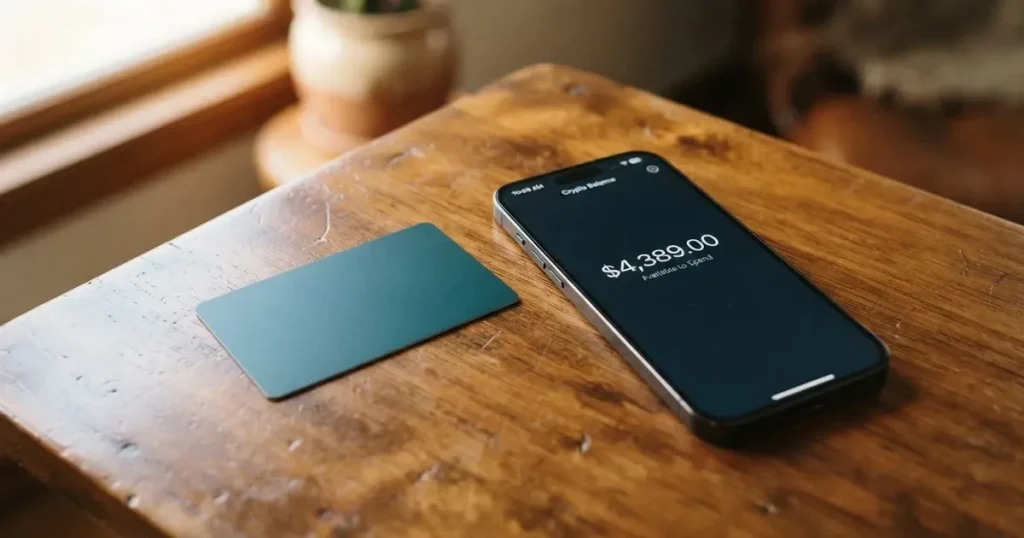 A payment card next to a phone with a crypto wallet app open
